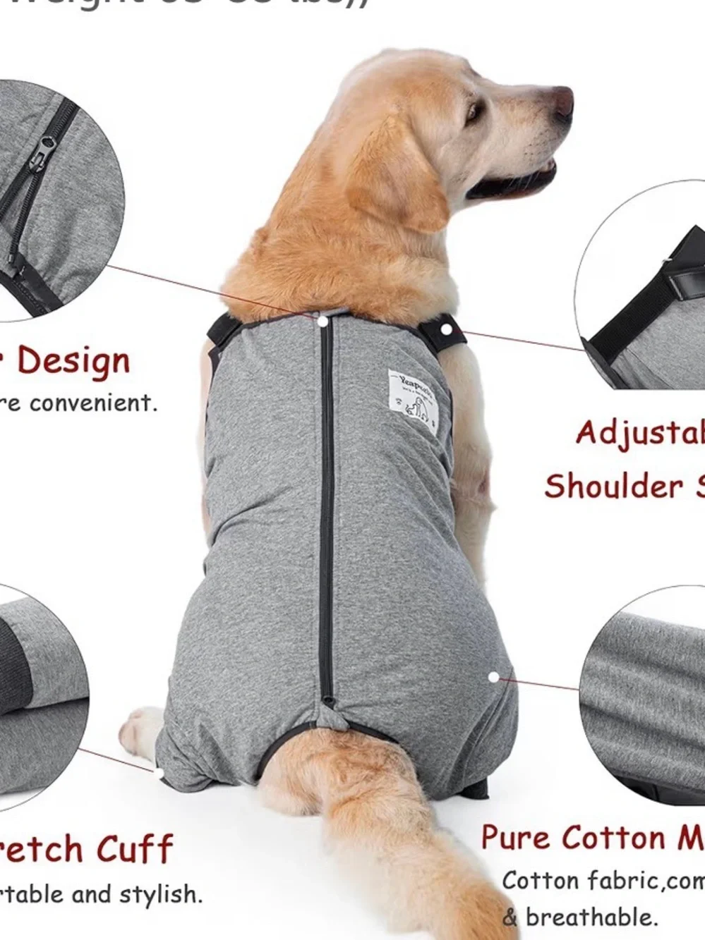 Gray Full-Coverage Dog Recovery Suit - Comfortable Post-Surgery Apparel